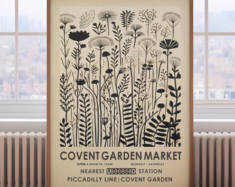 Covent Garden Flower Market, monochrome floral print, black botanical wall art, vintage flower painting, London flower market,modern floral