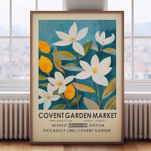 Covent Garden Flower Market, blue floral print, vibrant botanical wall art, vintage flower painting, London flower market,modern floral