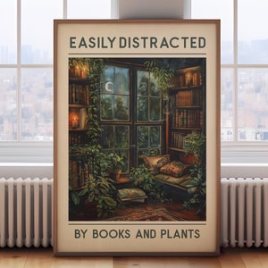 Vintage book poster, library print, book lover gift, book wall art, vintage reading poster, book and plants print, vintage book print
