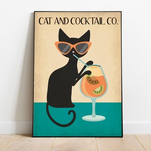 mid century cocktail print, retro black cat print, cat wall art, cocktail wall art, bar art, kitchen print, kitchen wall art, cat gift,