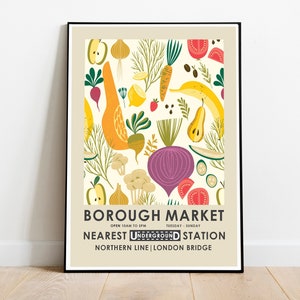 Borough Market print, kitchen print, farmers market, vintage food print, retro food print, kitchen wall art, retro advertising poster
