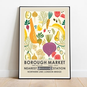 Impresión de Borough Market, impresión de cocina, mercado de agricultores, impresión de comida vintage, impresión de comida retro, arte de pared de cocina, póster publicitario retro