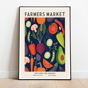 Impresión de mercado de agricultores, impresión de cocina, impresión de verduras, impresión de comida vintage, impresión de comida retro, arte de pared de cocina, póster publicitario retro