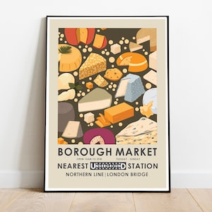 Cartel de la exposición Borough Market, impresión de cocina, mercado de agricultores, impresión de comida vintage, impresión de queso retro, cartel publicitario vintage