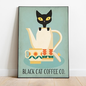 Black Cat coffee print, coffee print, retro black cat print, mid century coffee wall art, cat lover gift, kitchen print, kitchen wall art