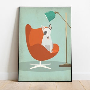 Retro dog print, bull terrier, mid century dog print, mid century modern, dog wall art, dog lover gift, mid century wall art, retro wall art