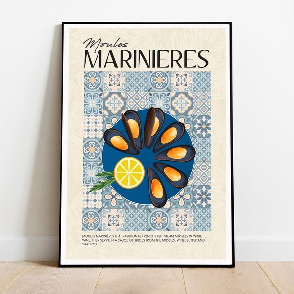 Moules marinieres Print, Mussells, seafood print, retro food wall art, kitchen wall art, kitchen print, vintage food poster kitchen decor