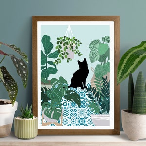 cat and plants, house plants print, boho botanical print, cat print, plant lover gift, cat lover gift, boho plants, boho wall art, plant pot