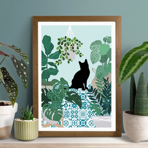 cat and plants, house plants print, boho botanical print, cat print, plant lover gift, cat lover gift, boho plants, boho wall art, plant pot