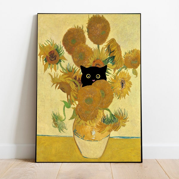 Van Gogh Sunflowers Cat Print, Van Gogh Cat Poster, Black Cat Art, Floral Print, Funny Cat print, Cat lover gift, black Cat poster,