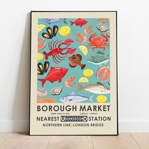 Impresión de Borough Market, mercado de agricultores, impresión de cocina, impresión de mariscos vintage, comida retro, langosta, cangrejo, pescado, póster publicitario subterráneo