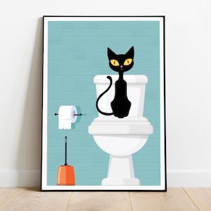 May include: A black cat with yellow eyes sits on a white toilet seat in a bathroom with a blue tiled wall. A roll of toilet paper is on a holder to the left of the toilet. A toilet brush is in an orange holder.