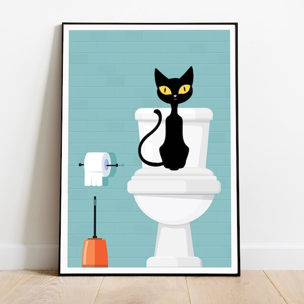 Retro loo wall art, toilet print, mid century cat print, retro bathroom print, Atomic cat poster, mid century print, cat lover gift