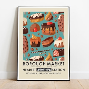 Impresión de Borough Market, impresión de cocina, mercado de agricultores, impresión de comida vintage, impresión de comida retro, arte de pared de cocina, póster publicitario retro
