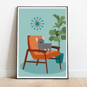 Retro dog print, French Bull dog, mid century dog print, mid century modern, dog wall art, dog lover gift, mid century wall art,