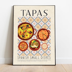 May include: A poster with the word "TAPAS" in large, bold letters. The poster features a colourful illustration of a table setting with several small dishes of Spanish tapas. The text below the illustration reads "SPANISH SMALL DISHES" and explains that tapas are small plates of food that are typically shared.