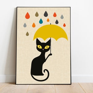 Retro cat print, Atomic cat, Mid century cat and umbrella, retro animal wall art, cat lover gift, mid century modern wall art retro wall art