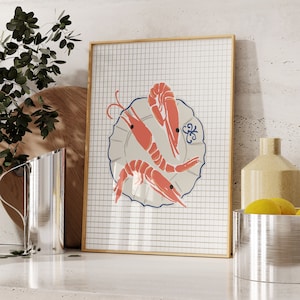 Seafood poster, retro food wall art, kitchen wall art, trendy kitchen print, aesthetic food poster kitchen decor food gift, prawns, shrimp