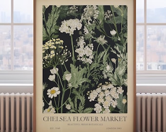 May include: A vintage botanical print featuring white flowers and green leaves on a black background. The print has the text "Chelsea Flower Market" with the tagline "Beautiful, Fresh Botanicals" and the location "London SW3".