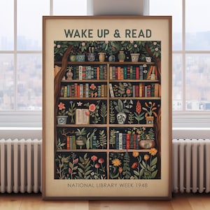 Vintage book painting, library print, book lover gift, book wall art, vintage reading poster, book and plants print, vintage book print