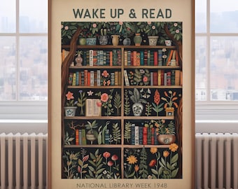 Vintage book painting, library print, book lover gift, book wall art, vintage reading poster, book and plants print, vintage book print