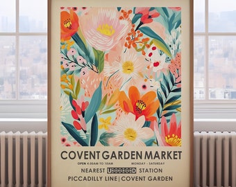 Covent Garden Flower Market, bright floral print, vibrant botanical wall art, vintage flower painting, London flower market,modern floral