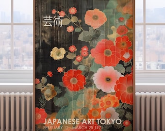 Japanese floral print, Japanese poster, Japanese Wall Art, Japandi Art, red Japanese decor, Japanese vintage poster, Japanese gift