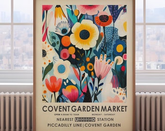 Covent Garden Flower Market, colourful floral print, vibrant botanical wall art, vintage flower painting, London flower market,modern floral