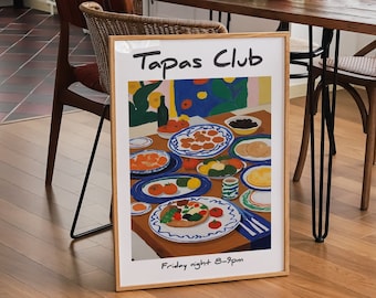 Tapas club print, Spanish food, Matisse style food wall art, kitchen wall art, kitchen print, vintage food poster kitchen decor