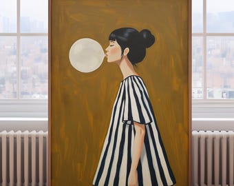 Minimalist woman blowing a bubble painting, mustard modern Feminine Art Print, black and white Striped Woman art, minimalist figurative Art