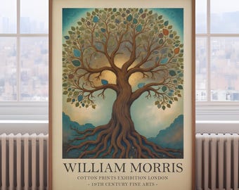 May include: Framed art print featuring a stylized tree with colorful leaves and a prominent root system. The print includes the text "WILLIAM MORRIS" and details about a cotton prints exhibition in London from the 19th century. The artwork is displayed in a room with a window.
