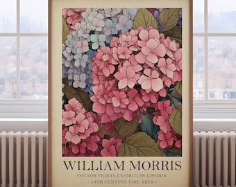 Estampado de William Morris, estampado de flores de hortensia rosa, estampado floral rosa vintage, estampado botánico vintage, decoración acogedora,