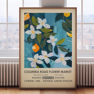 Columbia Road Flower Market, London flower market, blue floral print, vintage botanical wall art, flower painting, colourful florals