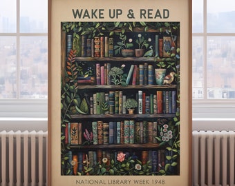 Vintage book painting, library print, book lover gift, book wall art, vintage reading poster, book and plants print, vintage book print