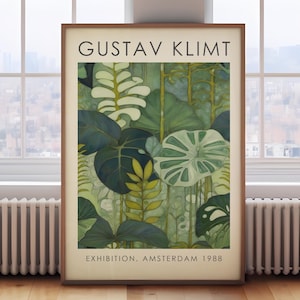 Gustav Klimt Print, green tropical botanical print, Klimt Museum exhibition Poster, white and green botanicals