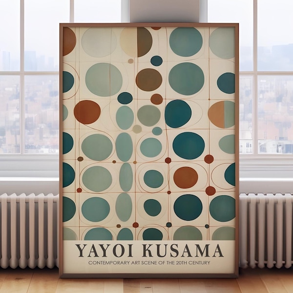 May include: A poster featuring a geometric pattern of overlapping circles in shades of blue, green, brown, and orange on a cream background. The text "Yayoi Kusama" and "Contemporary Art Scene of the 20th Century" is at the bottom of the poster.