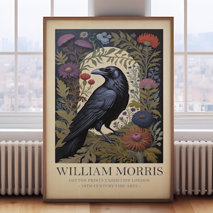 William Morris print, black crow bird print, dark botanical print, vintage bird wall art, bird painting, cottagecore print, floral print