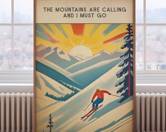 Vintage Skiing poster, skiing print, The mountains are calling, skiing wall art, ski poster, ski print, mountains print