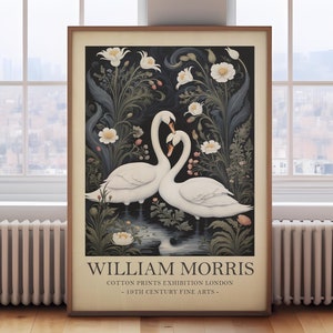 William Morris print, swans print, dark botanical print, vintage bird wall art, bird painting, cottagecore print, floral print
