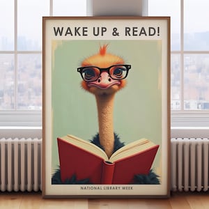 book wall art, library print, book print, ostrich print, wake up and read poster, reading wall art, library wall art, book nook