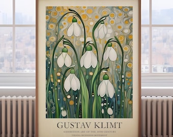 Gustav Klimt Print, snowdrop floral print, Klimt Museum exhibition Poster, white botanical print