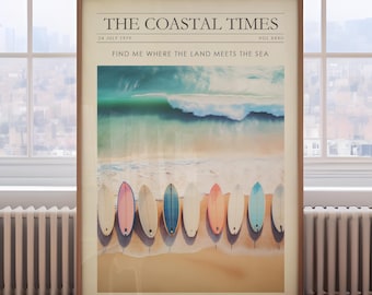 May include: Framed print titled "The Coastal Times" featuring a beach scene with a breaking wave and colorful surfboards lined up on the sand. The print has a wooden frame and is displayed on a wooden floor.