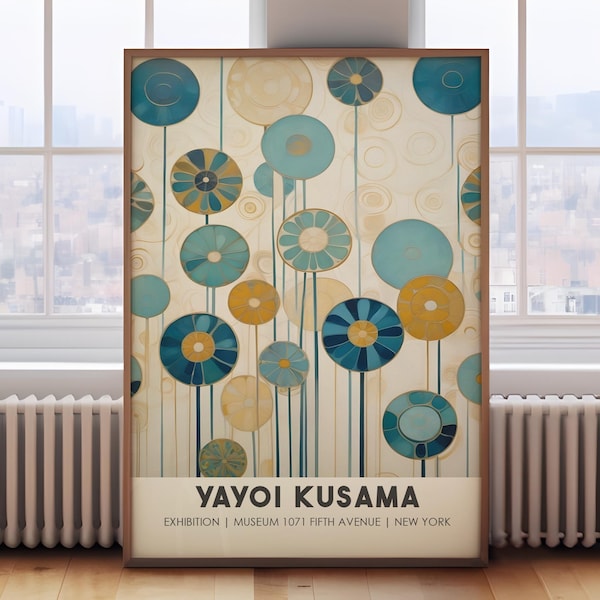 May include: A framed art print featuring a pattern of stylized blue and yellow flower-like shapes on a cream background. The print includes the text "YAYOI KUSAMA" and exhibition details. The artwork is displayed in a room with a window.