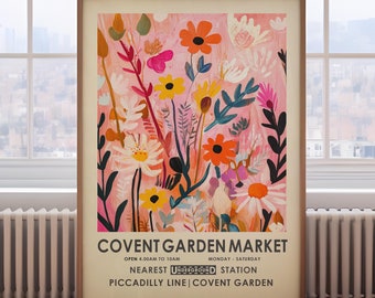 Covent Garden Flower Market, pink floral print, vibrant botanical wall art, vintage flower painting, London flower market,modern floral