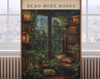 Vintage book painting, library print, book lover gift, book wall art, vintage reading poster, book and plants print, vintage book print