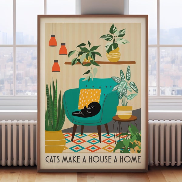 Retro cat print, Cats make a house a home, cat wall art, cat lover gift, cats and plants, cat decor, Colourful Poster, Gift For Animal Lover