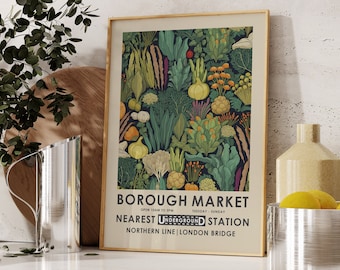 Borough Market print, William Morris kitchen print, vintage food poster, retro kitchen print, vintage kitchen decor, food and drink.