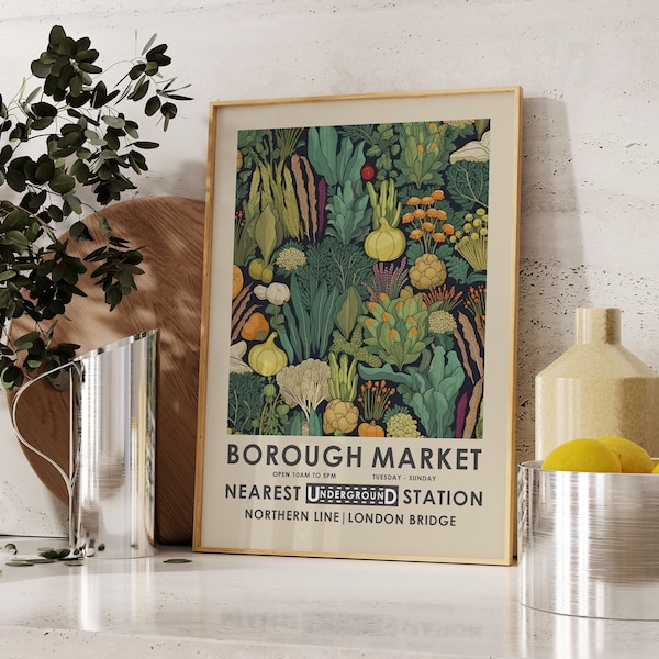 Borough Market print, William Morris kitchen print, vintage food poster, retro kitchen print, vintage kitchen decor, food and drink.