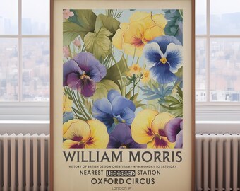 William Morris poster, pansies vintage botanical print, yellow floral wall art, pansy flower print, vintage flower print