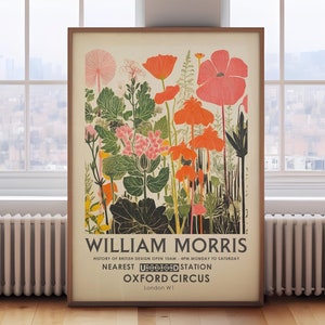 William Morris floral print, wild flowers, vintage botanical poster, London vintage orange floral painting,exhibition poster